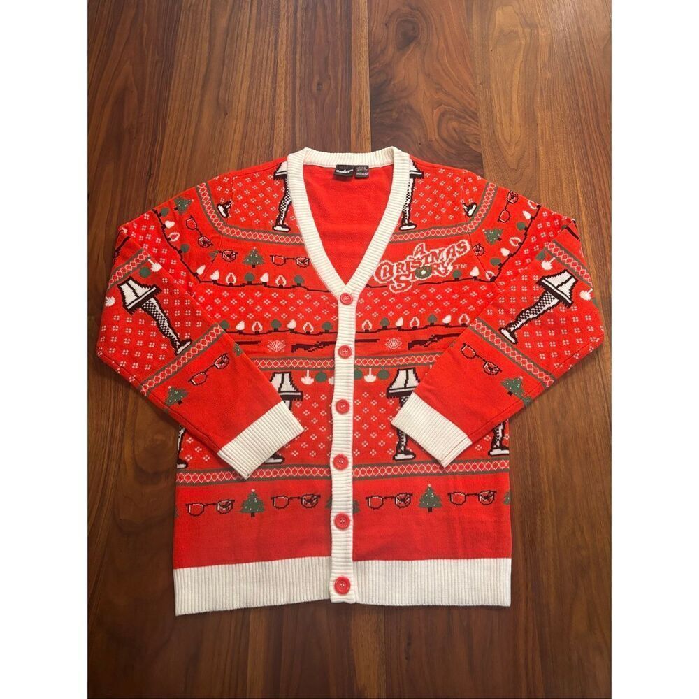 A Christmas Story Women's Red Holiday Button Front Cardigan Sweater Medium NWOT